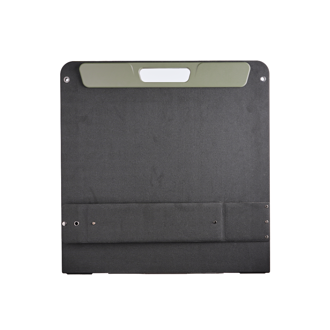 back view of the TRAVOCA Vega Sol 200 foldable solar panel, perfect for camping, RV, and portable power supply outdoors.