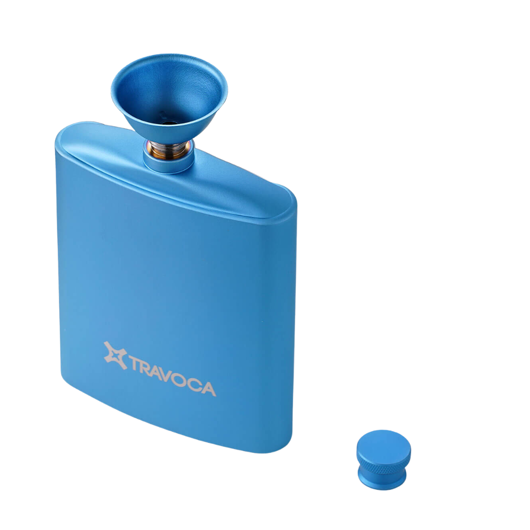 TRAVOCA Gemma titanium flask in cornflower blue with titanium funnel and carry pouch, perfect for outdoor camping and hiking.