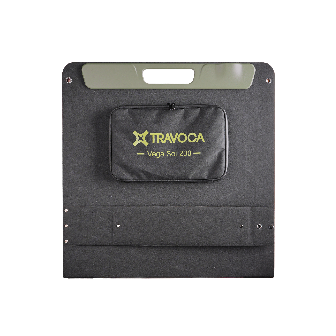 Front view of the TRAVOCA Vega Sol 200 foldable solar panel, perfect for camping, RV, and portable power supply outdoors.